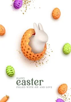 Happy Easter day. Festive background design with realistic colorful eggs, e.. Stock Illustration