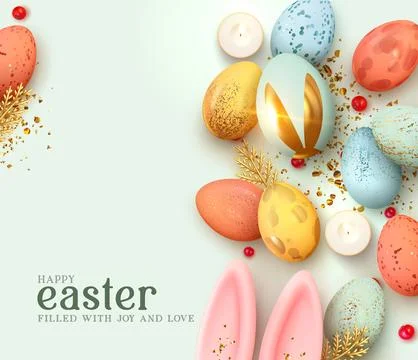 Happy Easter day. Festive background design with realistic colorful eggs, e.. Stock Illustration
