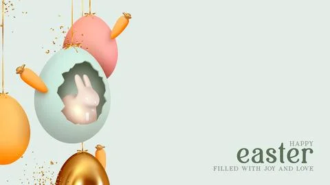 Happy Easter day. Festive background design with realistic colorful eggs, e.. Illustrazione stock