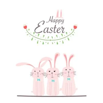 Happy Easter Day Greeting Card. Hand Drawn Cute Bunny And Flower Element Design. Stock Illustration