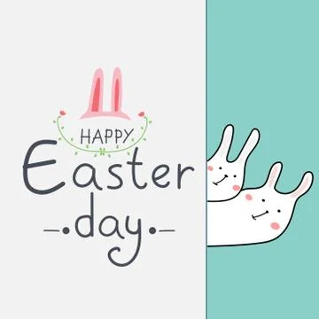 Happy Easter Day Greeting Card. Hand Drawn Cute Bunny And Flower Element Design. Stock Illustration