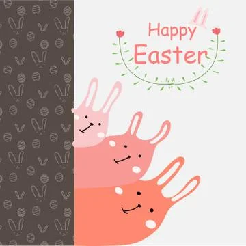 Happy Easter Day Greeting Card. Hand Drawn Cute Bunny And Flower Element Design. Stock Illustration