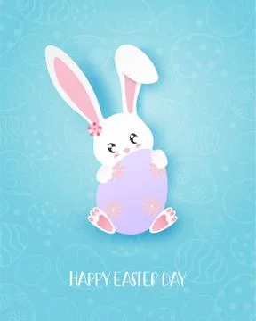 Happy Easter day greeting card with bunny hug a eggs in paper cut style. Digi Stock Illustration