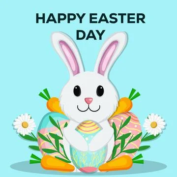 Happy easter day hand drawn illustration with rabbit hugging eggs, carrot, plant Stock Illustration