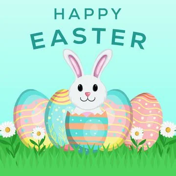 Happy easter day hand drawn illustration design with eggs and rabbit show up  Stock Illustration