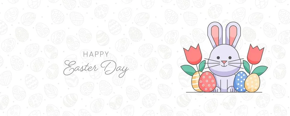 Happy Easter Day Horizontal Web Banner with Cute Rabbit Illustration and De.. Illustrazione stock
