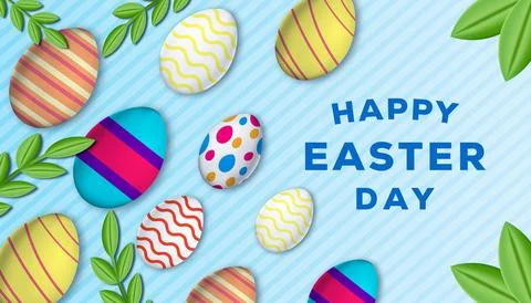 Happy easter day illustration background with decoration eggs and leaves Stock Illustration