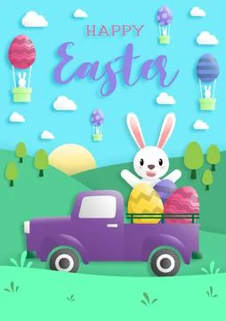 Happy easter day in paper art style with rabbit and easter eggs. greeting car Stock Illustration