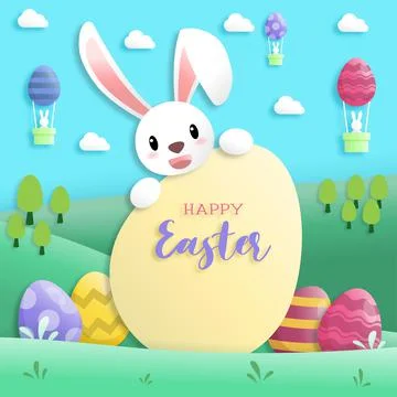 Happy easter day in paper art style with rabbit and easter eggs. greeting car Stock Illustration
