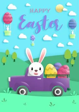Happy easter day in paper art style with rabbit and easter eggs. greeting car Stock Illustration