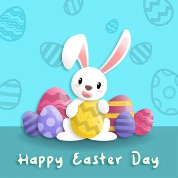Happy easter day in paper art style with rabbit and easter eggs. greeting car Stock Illustration
