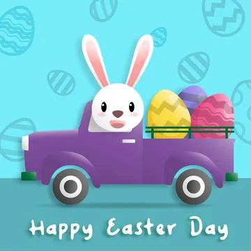 Happy easter day in paper art style with rabbit and easter eggs. greeting car Stock Illustration