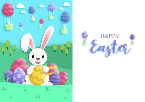 Happy easter day in paper art style with rabbit and easter eggs. greeting car Stock Illustration