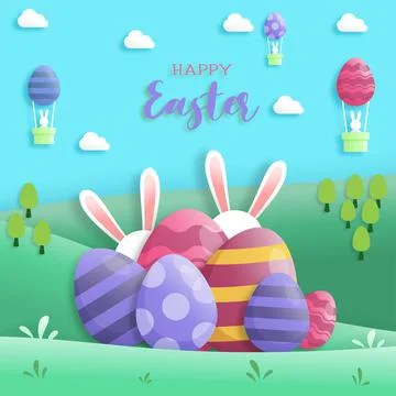 Happy easter day in paper art style with rabbit and easter eggs. greeting car Stock Illustration