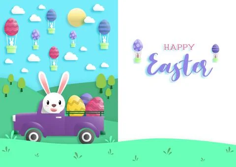 Happy easter day in paper art style with rabbit and easter eggs. greeting car Stock Illustration