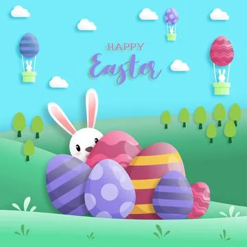 Happy easter day in paper art style with rabbit and easter eggs. greeting car Stock Illustration