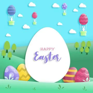 Happy easter day in paper art style with rabbit and easter eggs. greeting car Stock Illustration