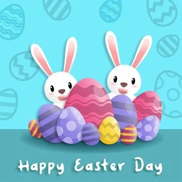 Happy easter day in paper art style with rabbit and easter eggs. greeting car Stock Illustration