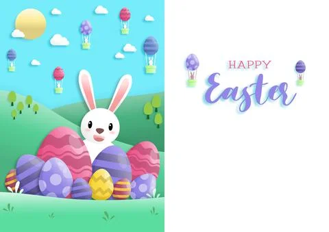 Happy easter day in paper art style with rabbit and easter eggs. greeting car Stock Illustration