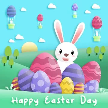 Happy easter day in paper art style with rabbit and easter eggs. greeting car Stock Illustration