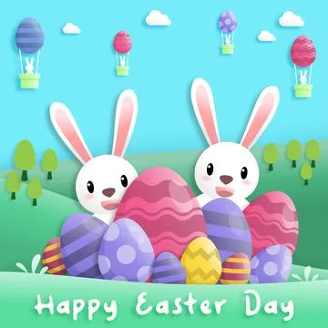 Happy easter day in paper art style with rabbit and easter eggs. greeting car Stock Illustration