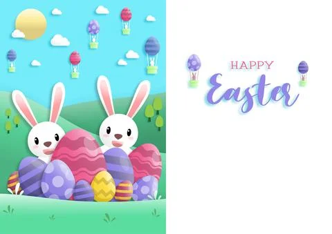 Happy easter day in paper art style with rabbit and easter eggs. greeting car Stock Illustration