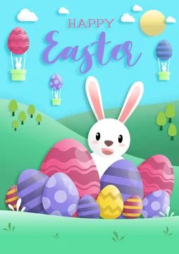 Happy easter day in paper art style with rabbit and easter eggs. greeting car Stock Illustration