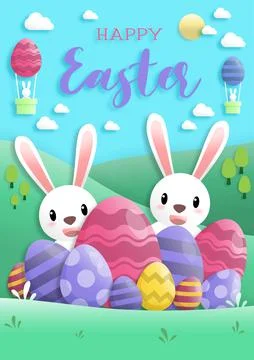 Happy easter day in paper art style with rabbit and easter eggs. greeting car Stock Illustration