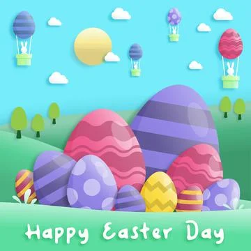Happy easter day in paper art style with rabbit and easter eggs. greeting car Stock Illustration