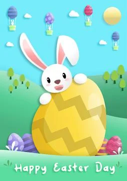 Happy easter day in paper art style with rabbit and easter eggs. greeting car Stock Illustration