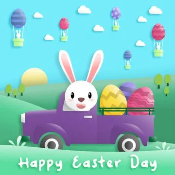 Happy easter day in paper art style with rabbit and easter eggs. greeting car Stock Illustration