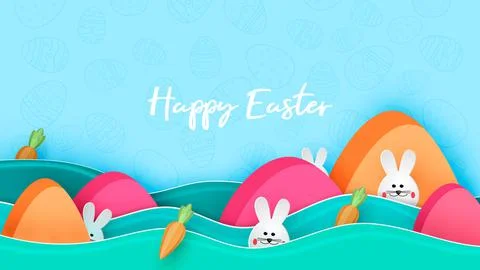 Happy easter day in paper art style with bunny and eggs vector illustration Stockillustratie