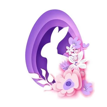 Happy Easter Day in paper art style. Cute bunny rabbit and Easter egg frame Stock Illustration