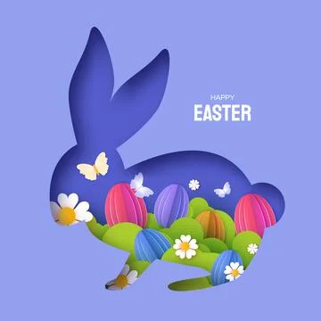 Happy Easter Day in paper art style. Cute bunny rabbit and eggs hunt. Bunny Stock Illustration