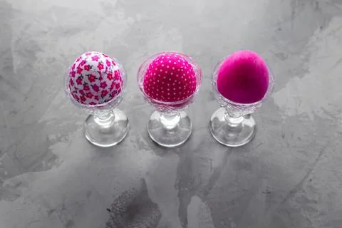 Happy Easter Day With Pink Eggs On a Grey Background Stock Photos