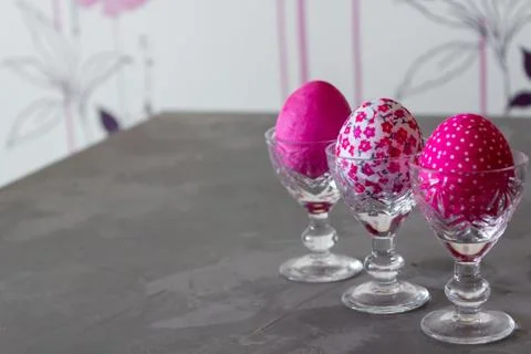 Happy Easter Day With Pink Eggs On a Grey Background Stock Photos
