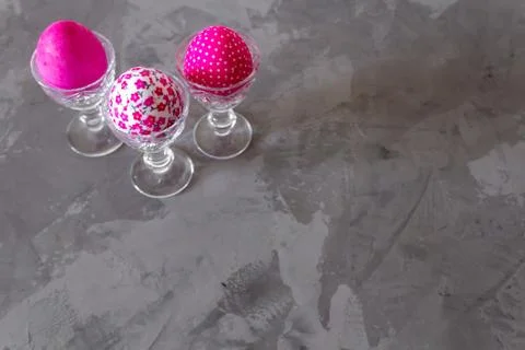 Happy Easter Day With Pink Eggs On a Grey Background Stock Photos