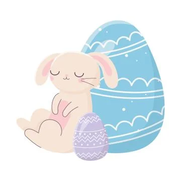 Happy easter day, pink rabbit decorative blue and purple eggs cartoon Stock Illustration
