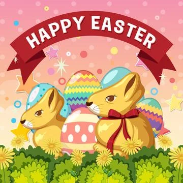 Happy Easter Day Poster Design with Bunny and Colourful eggs Stock Illustration