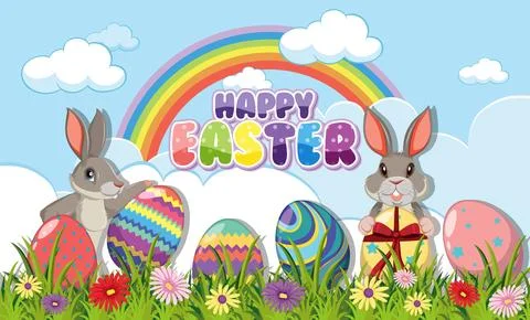 Happy Easter Day Poster Design with Bunny and Colourful eggs Stock Illustration