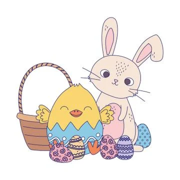 Happy easter day, rabbit chicken in eggshell basket eggs decoration Stockillustratie