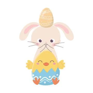 Happy easter day, rabbit with egg in head and chicken in eggshell nature Stock Illustration
