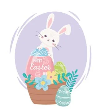 Happy easter day, rabbit eggs flowers leaves basket Illustrazione stock