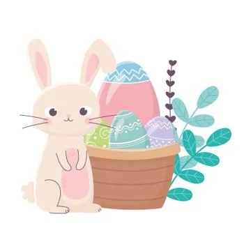 Happy easter day, rabbit eggs flowers leaves basket Illustrazione stock