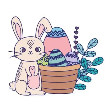 Happy easter day, rabbit eggs flowers leaves basket Illustrazione stock