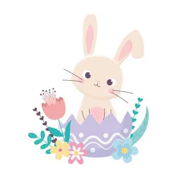 Happy easter day, rabbit in eggshell flowers leaves decoration イラスト素材
