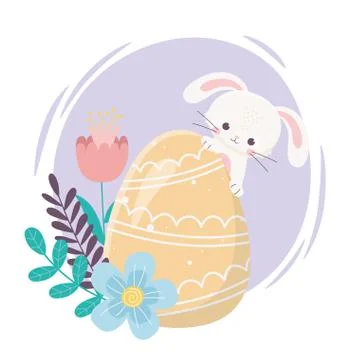 Happy easter day, rabbit yellow egg flowers foliage leaves decoration Stock Illustration