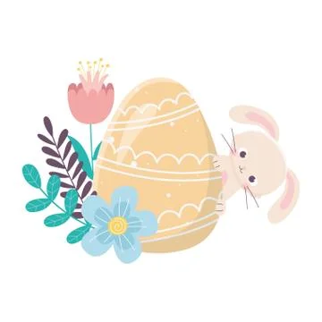 Happy easter day, rabbit yellow egg flowers foliage leaves decoration Stock Illustration