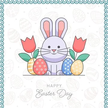 Happy Easter Day Square Card with Blue Swirl Border Patterned Background an.. Illustrazione stock
