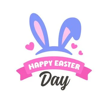 Happy Easter Day Sticker with Bunny Ears, Pink Ribbon, and Hearts Illustrazione stock